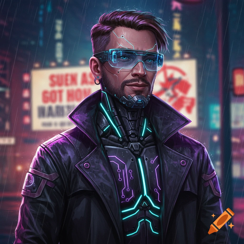 Cyberpunk man in a rainy city with AR glasses and glowing suit