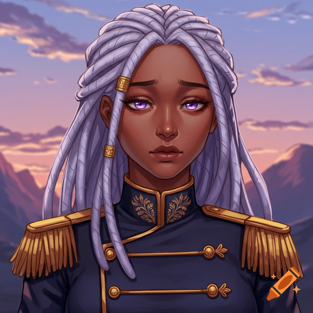 A woman with silver-lavender locs and violet eyes is shown in a dark uniform with gold trim, set against mountains at sunset.