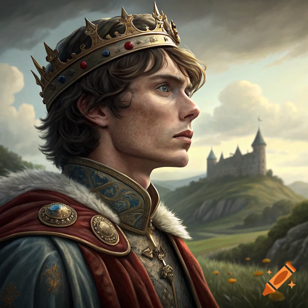 A young king in a crown and regal robe looks right, with a castle in the background.