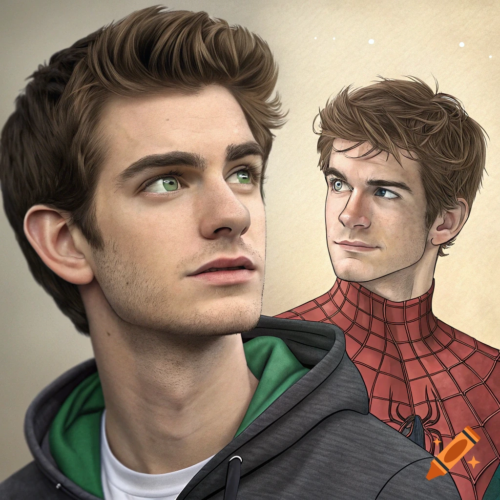 Realistic portrait of Andrew Garfield and stylized drawing of him as Spider-Man.