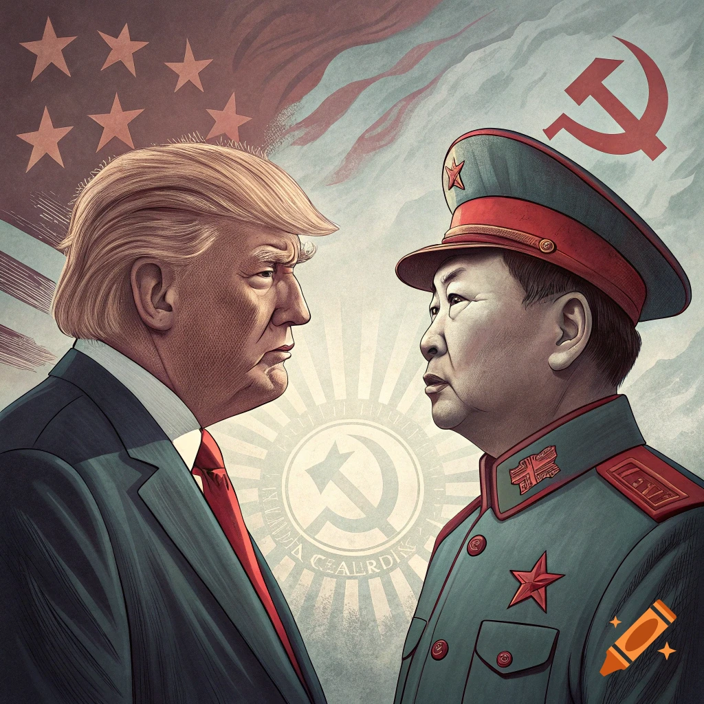 Illustration of Donald Trump and Mao Zedong facing each other against a background with stars and communist symbols.