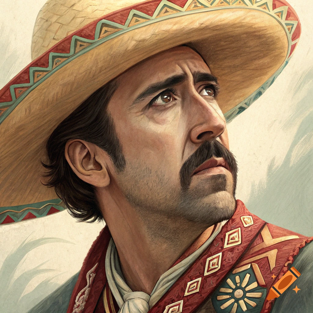 Close-up portrait illustration of a man wearing a sombrero and traditional Mexican-style clothing, looking upwards.