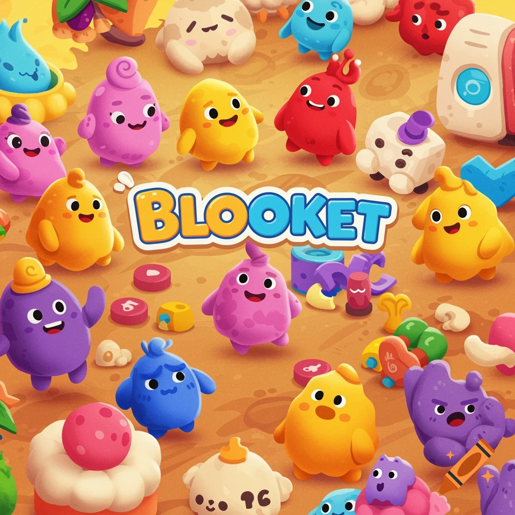 Colorful cartoon illustration of the Blooket logo surrounded by various cute, blob-like characters in a whimsical scene.