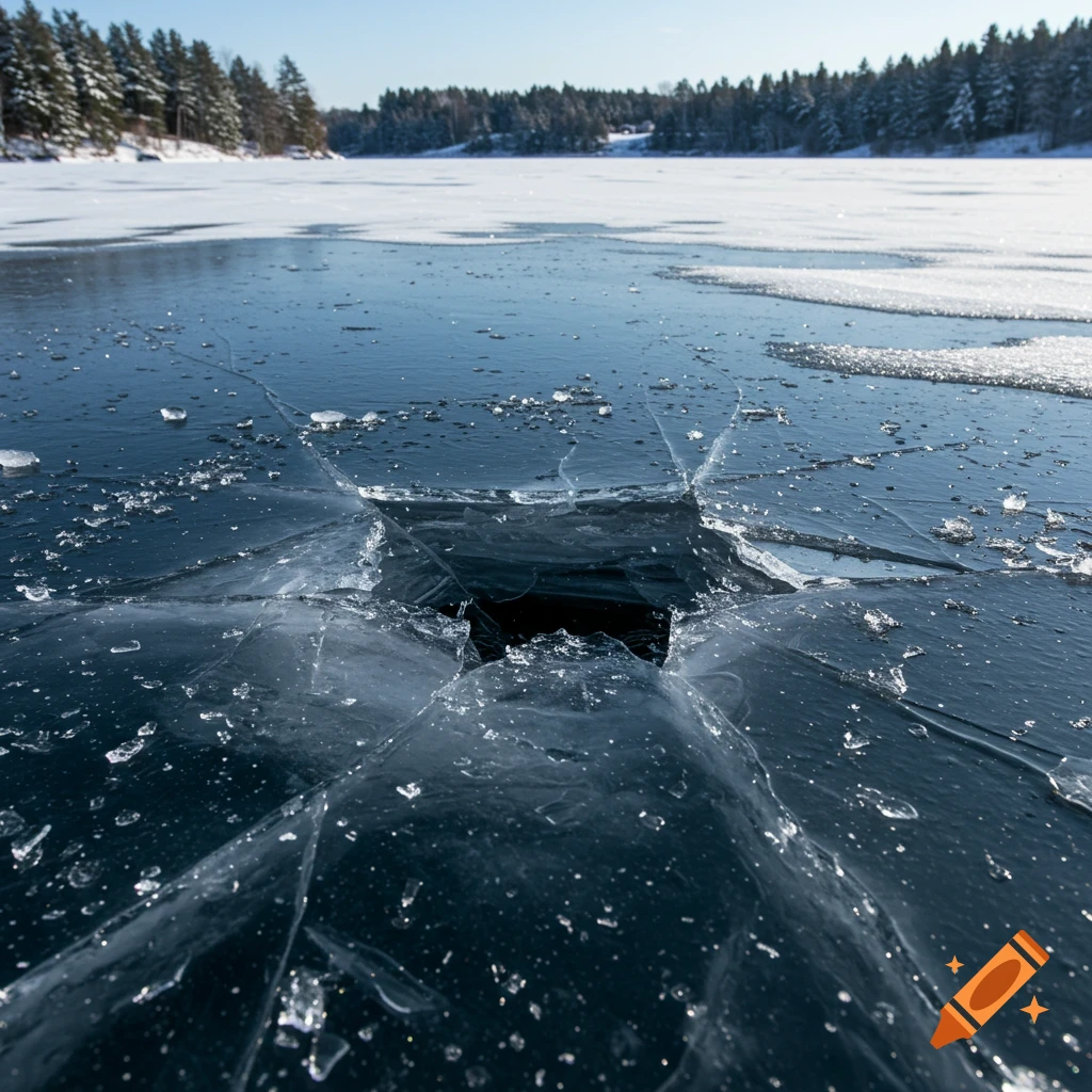 Low angle view of cracked ice with a hole on a frozen pond under a sunny sky with snowy trees in the background.
