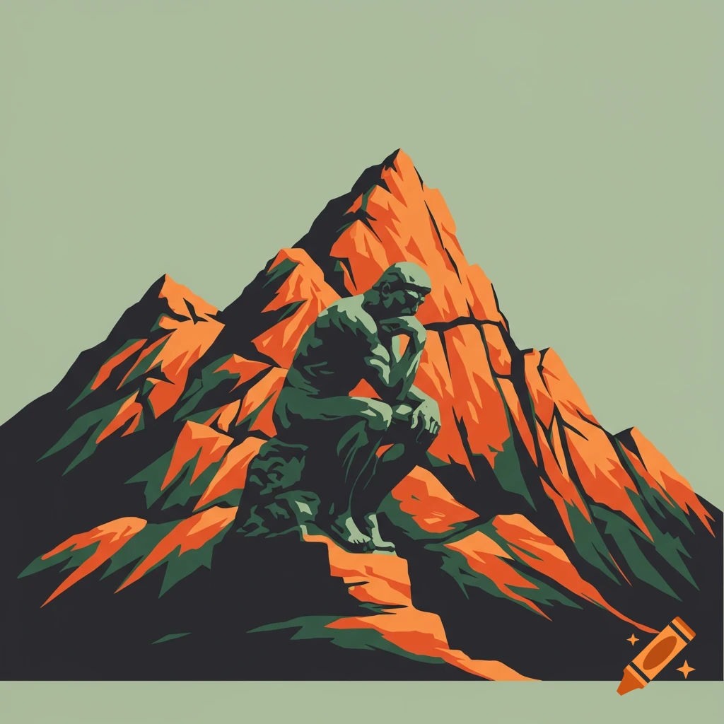 Stylized green statue of The Thinker sits on an orange and green mountain in vector art.