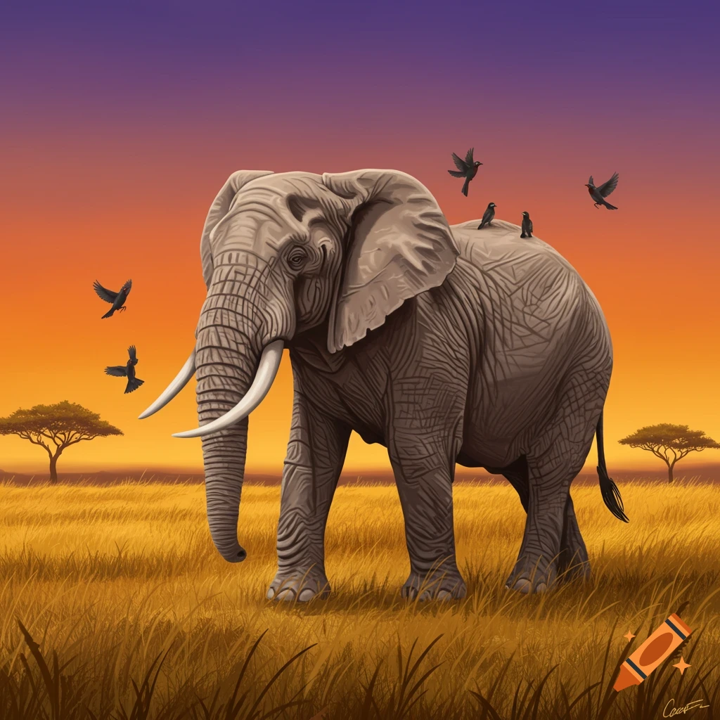 An elephant walks across the savanna at sunset with birds flying around it and perched on its back.