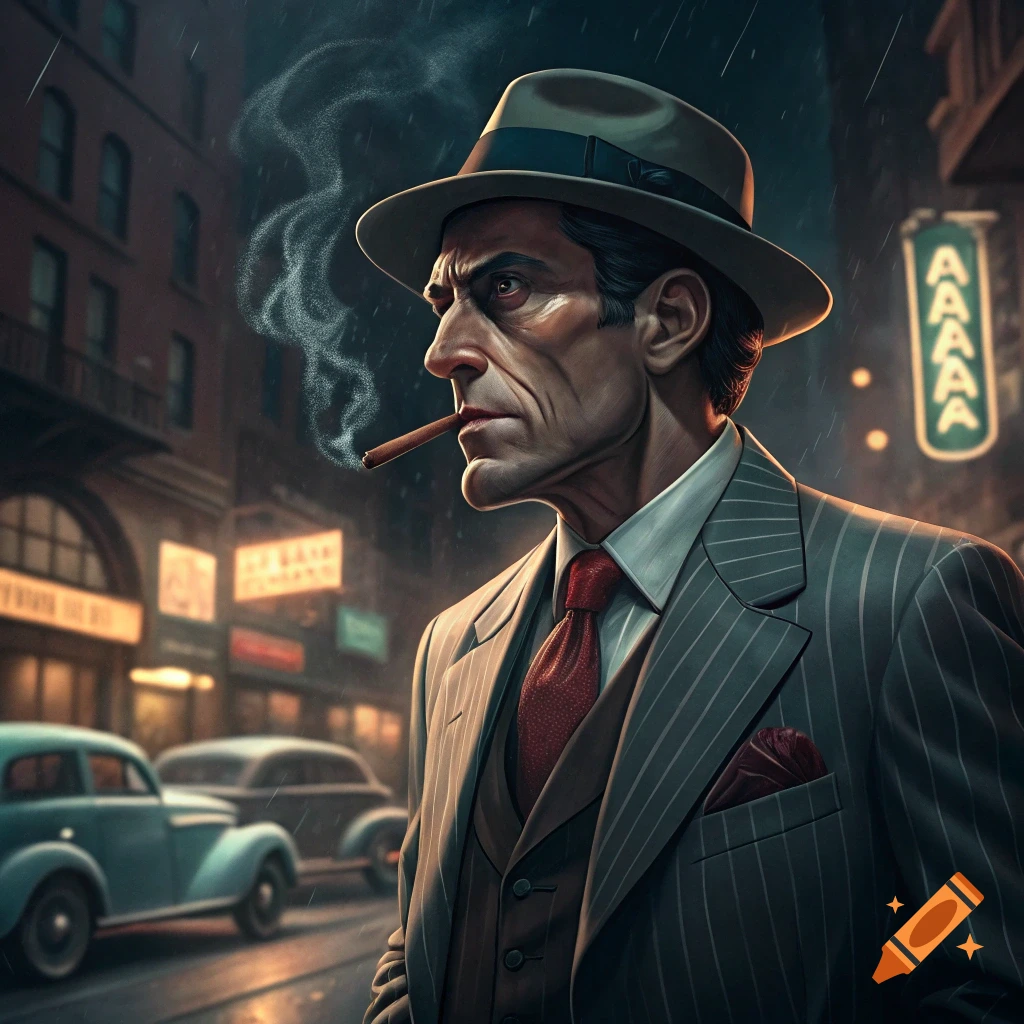 A man in a suit and fedora smokes a cigarette on a rainy city street at night, in a noir style.
