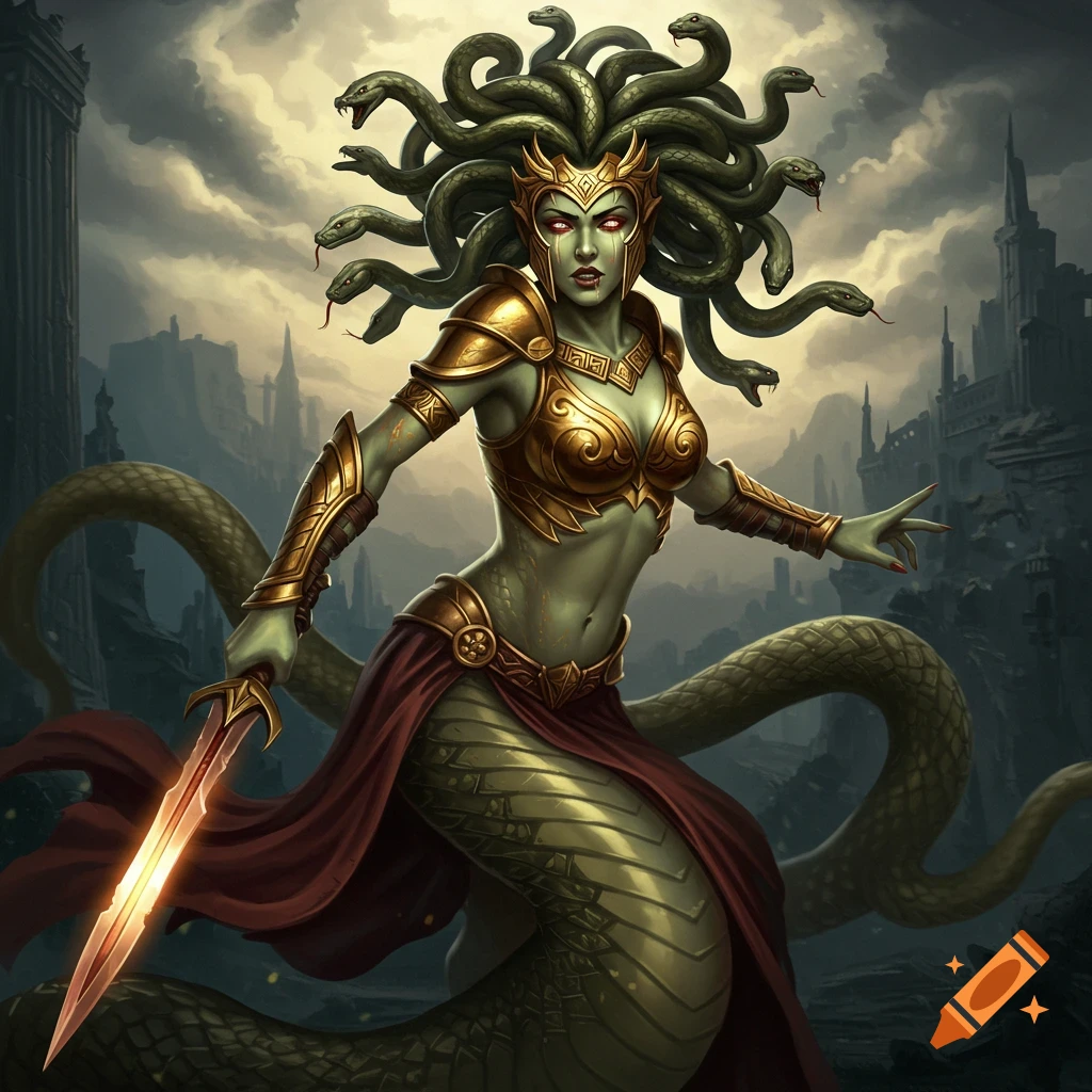 A Medusa warrior holds a glowing sword in a ruined city.