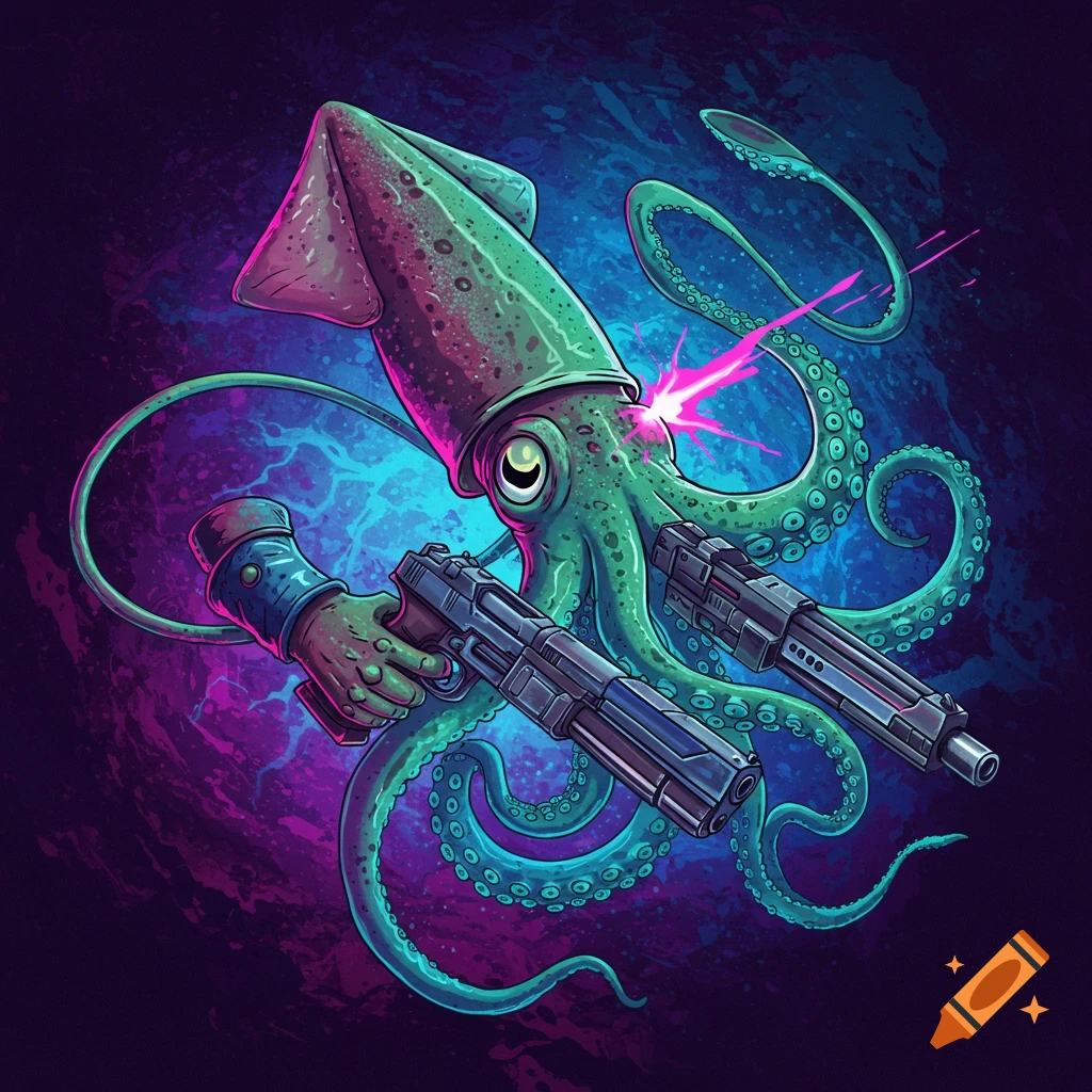 A squid holding two pistols with a laser beam eye, against a pink and blue background.