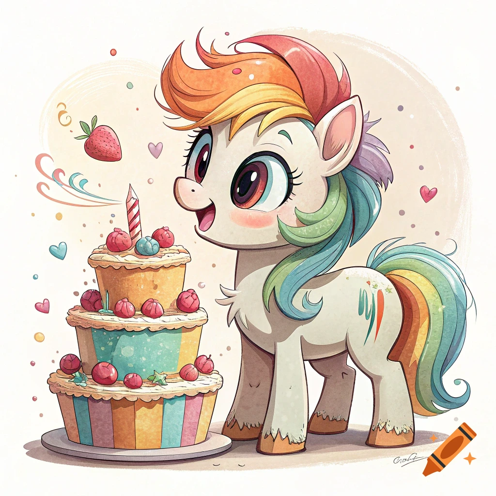 Cute cartoon pony with rainbow mane stands next to a three-tier birthday cake.