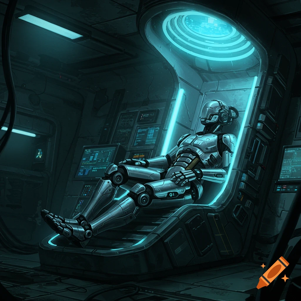 A silver humanoid robot sits in a glowing blue futuristic chamber with screens.