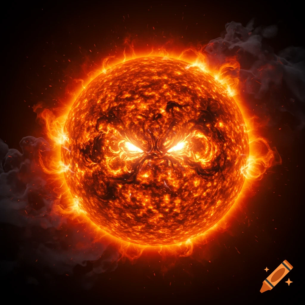 An angry, fiery sun with a face, surrounded by flames and smoke.