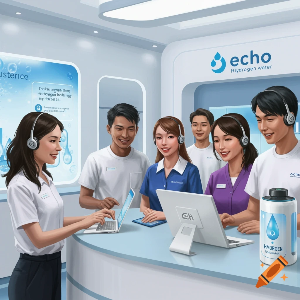 Diverse customer service team at Echo Hydrogen Water counter