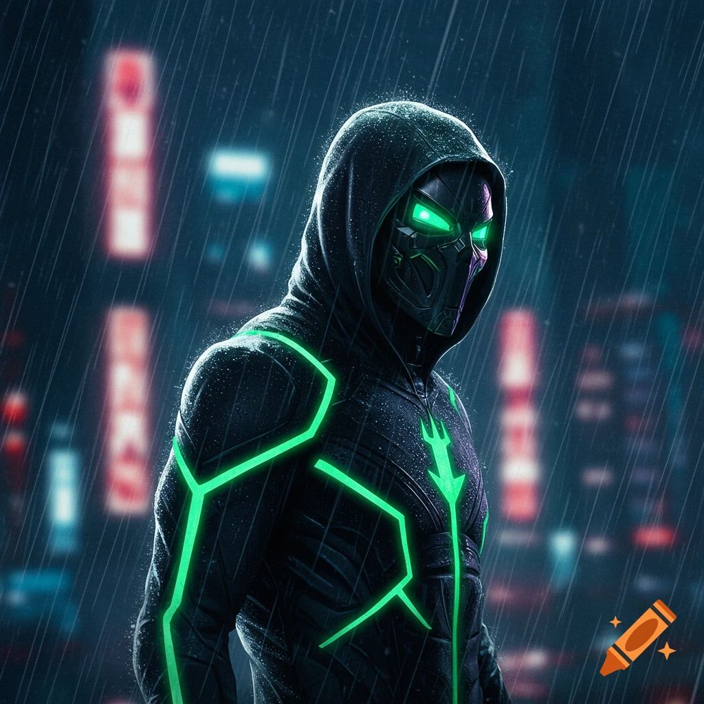 Masked figure in a black suit with glowing green lines stands in a rainy city night. Digital art.