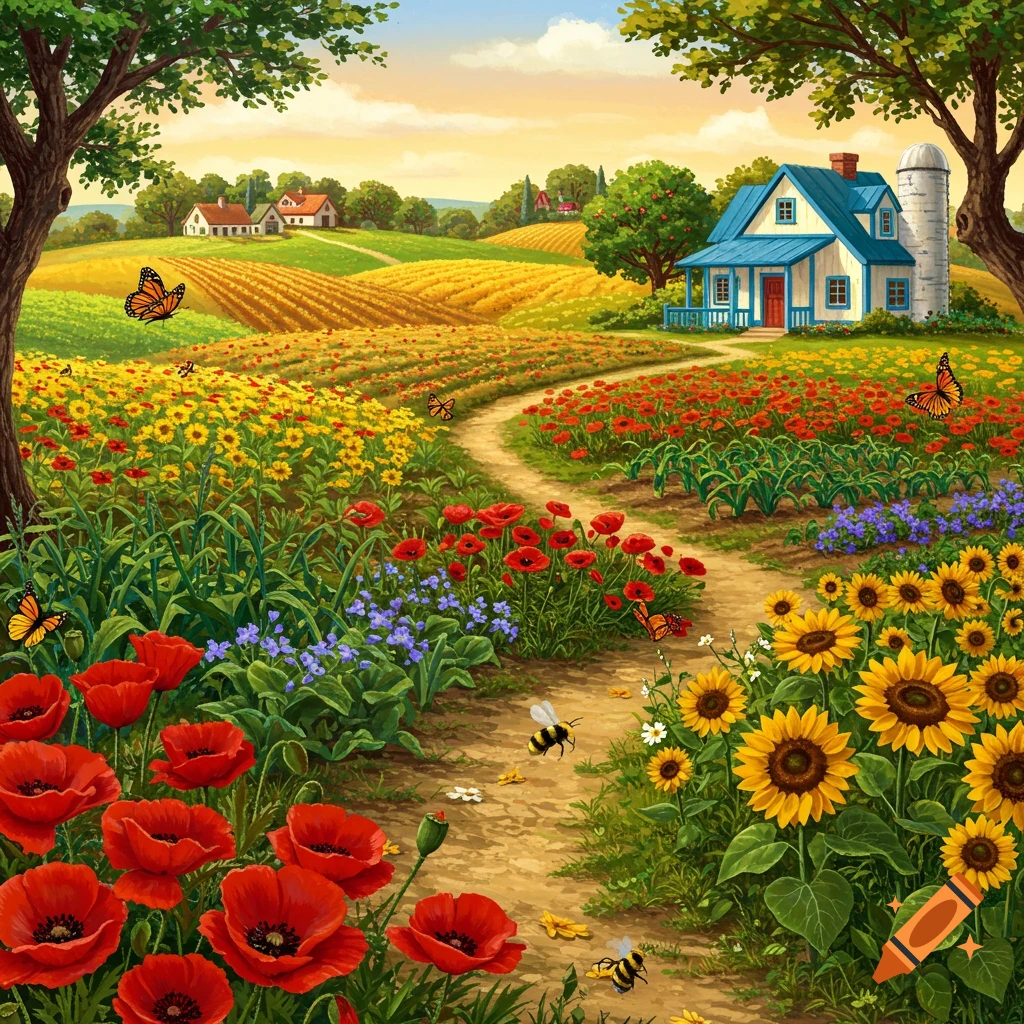 A vibrant path winds through a field of red poppies and yellow sunflowers towards a white and blue farmhouse with a silo, under a sunny sky.
