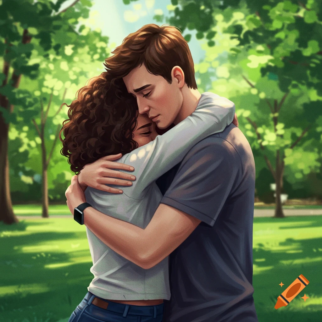 A couple hugging in a park