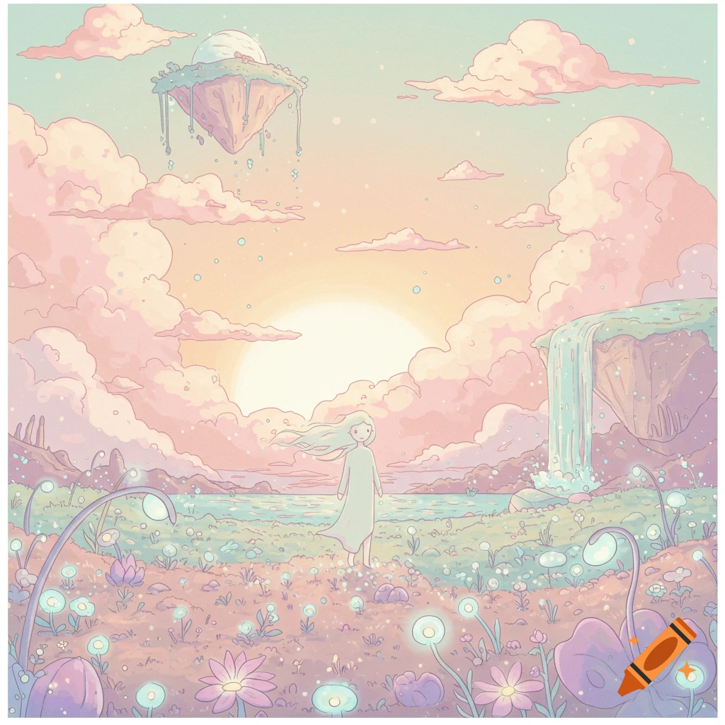 Pastel illustration of a person in a fantasy landscape with floating island, waterfall, and glowing flowers at sunset.
