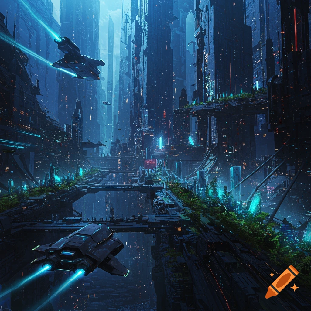 A futuristic cityscape with spaceships flying over a waterway
