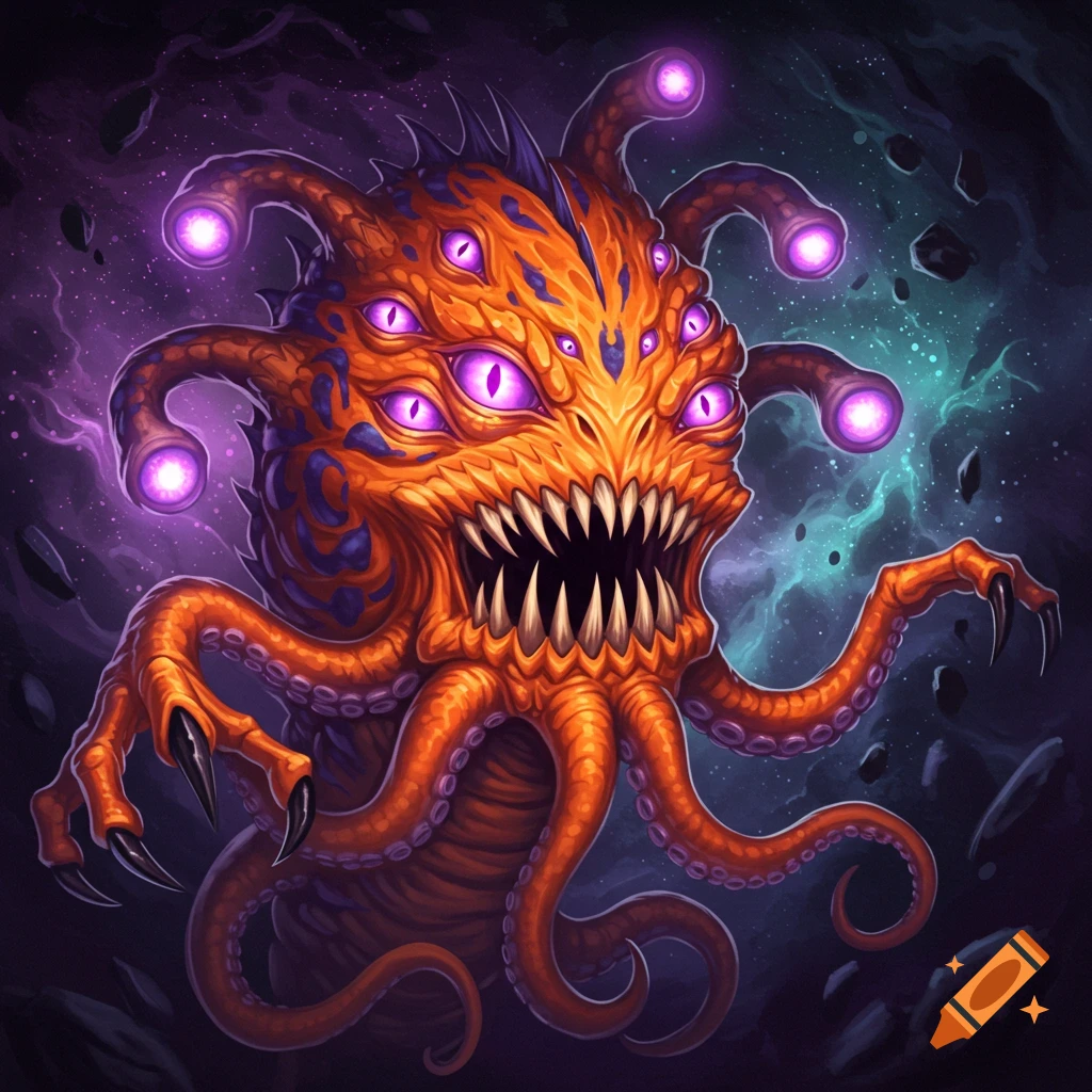 An orange and purple fantasy monster with many eyes and tentacles is in space
