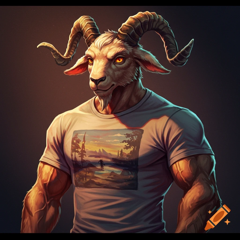 A muscular humanoid goat wears a t-shirt with a landscape image.