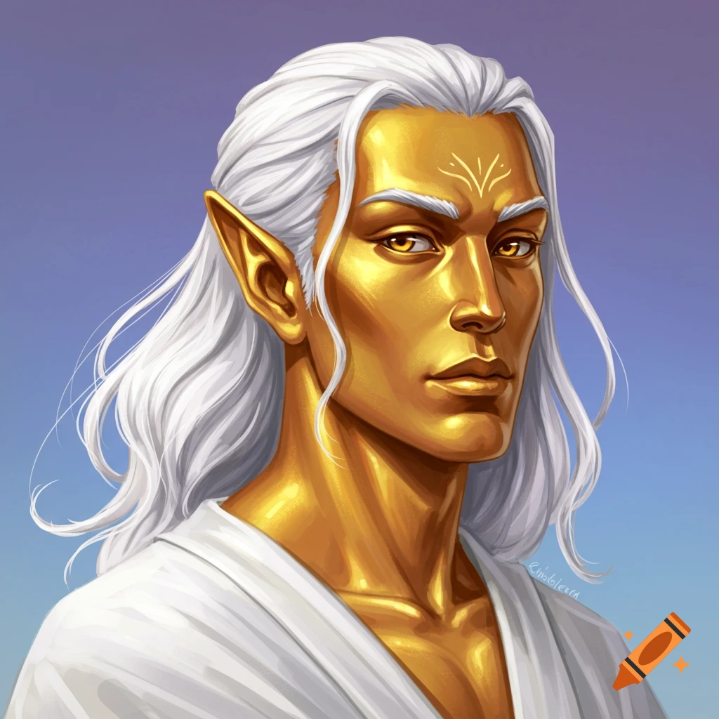 Image of a fantasy character with gold skin, white hair, and pointed ears wearing a white robe.