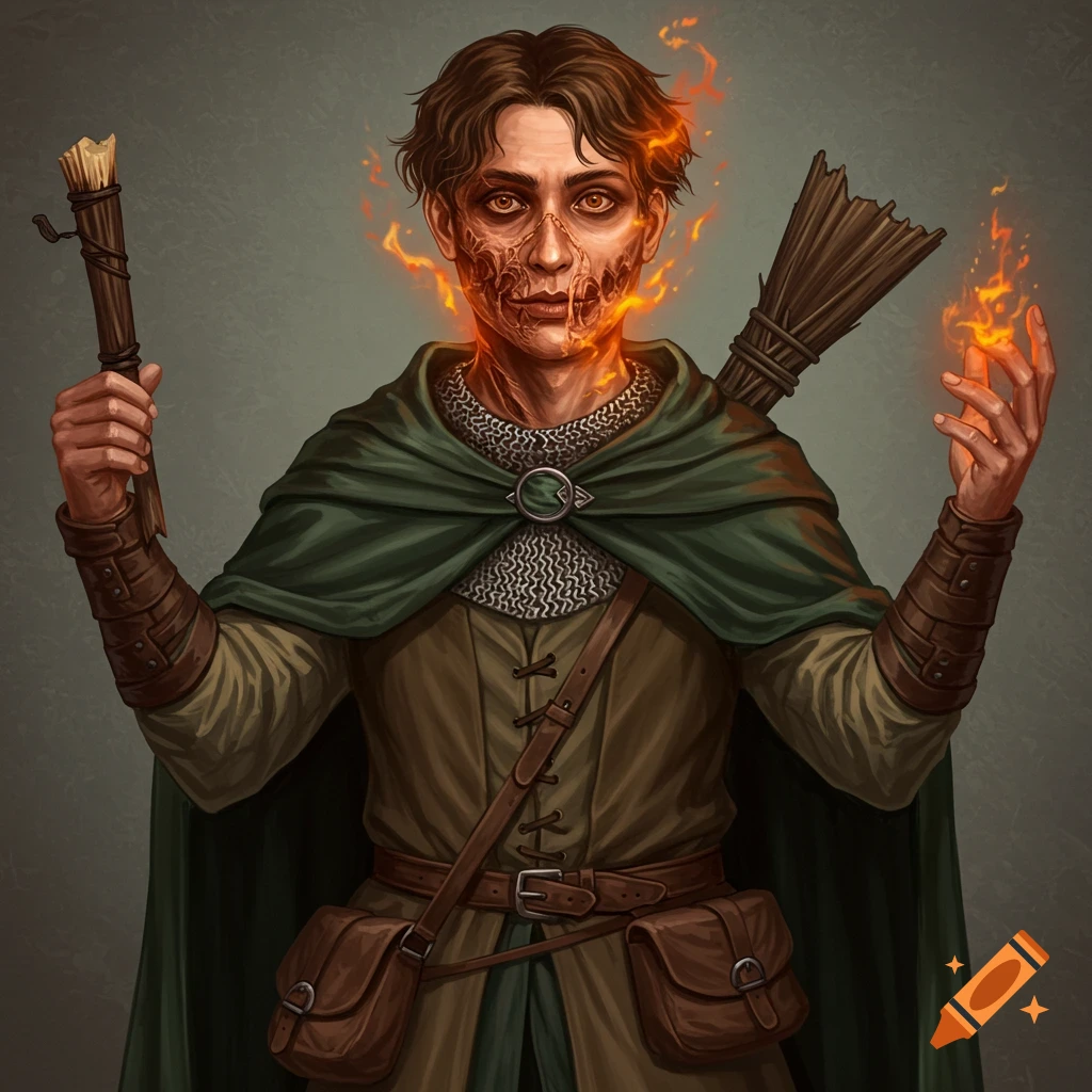 A scarred fantasy character is holding a torch and a bundle. Fire surrounds their face.