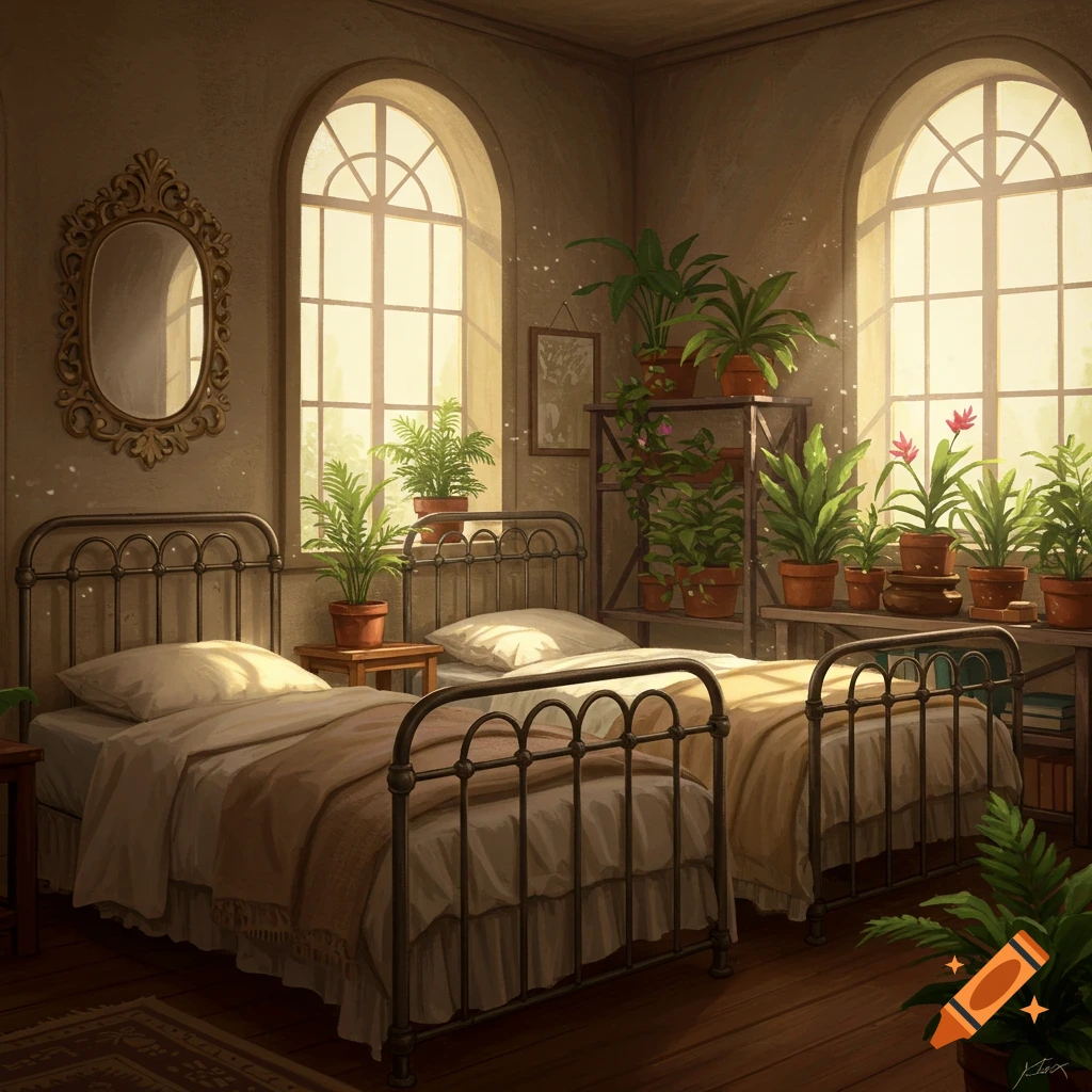 A bright bedroom with two beds, large windows, a mirror, and many potted plants.