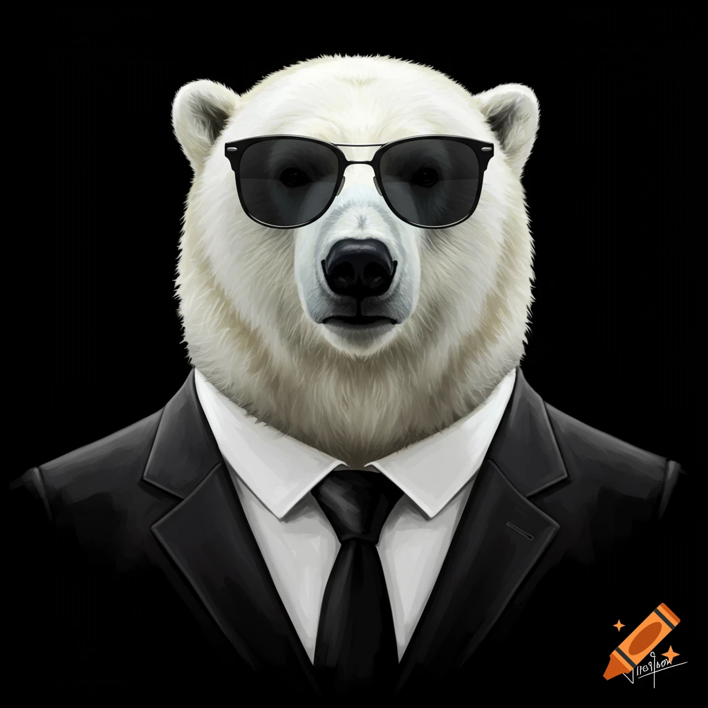 A polar bear wearing sunglasses and a black suit