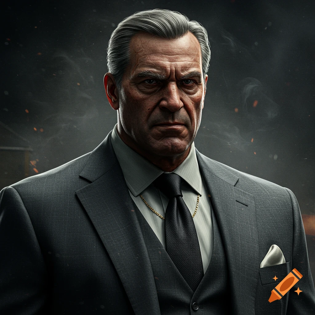 A serious older man in a dark suit, like a mob boss.