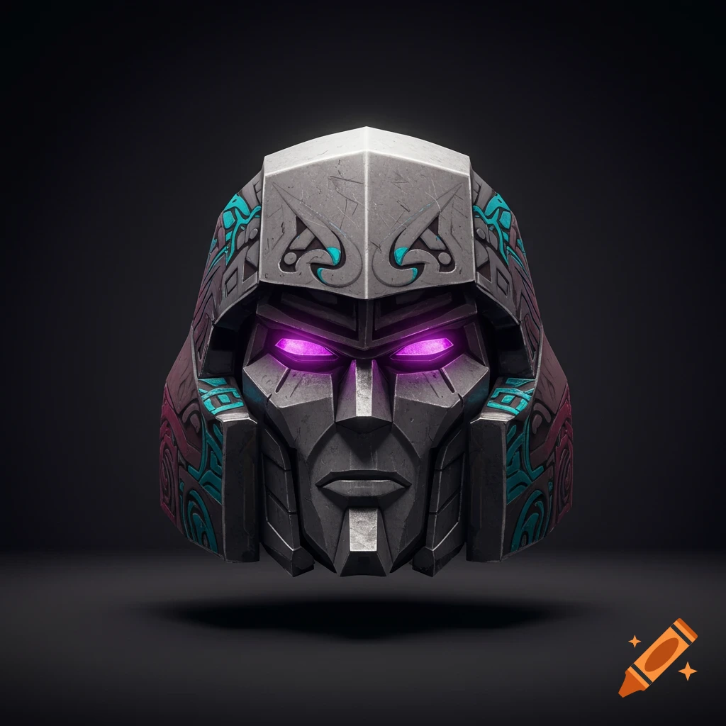 A detailed rendering of a robotic head with glowing purple eyes and Polynesian patterns.