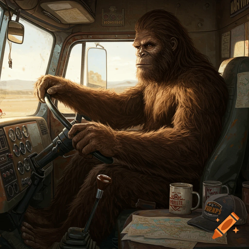 Bigfoot driving a truck.