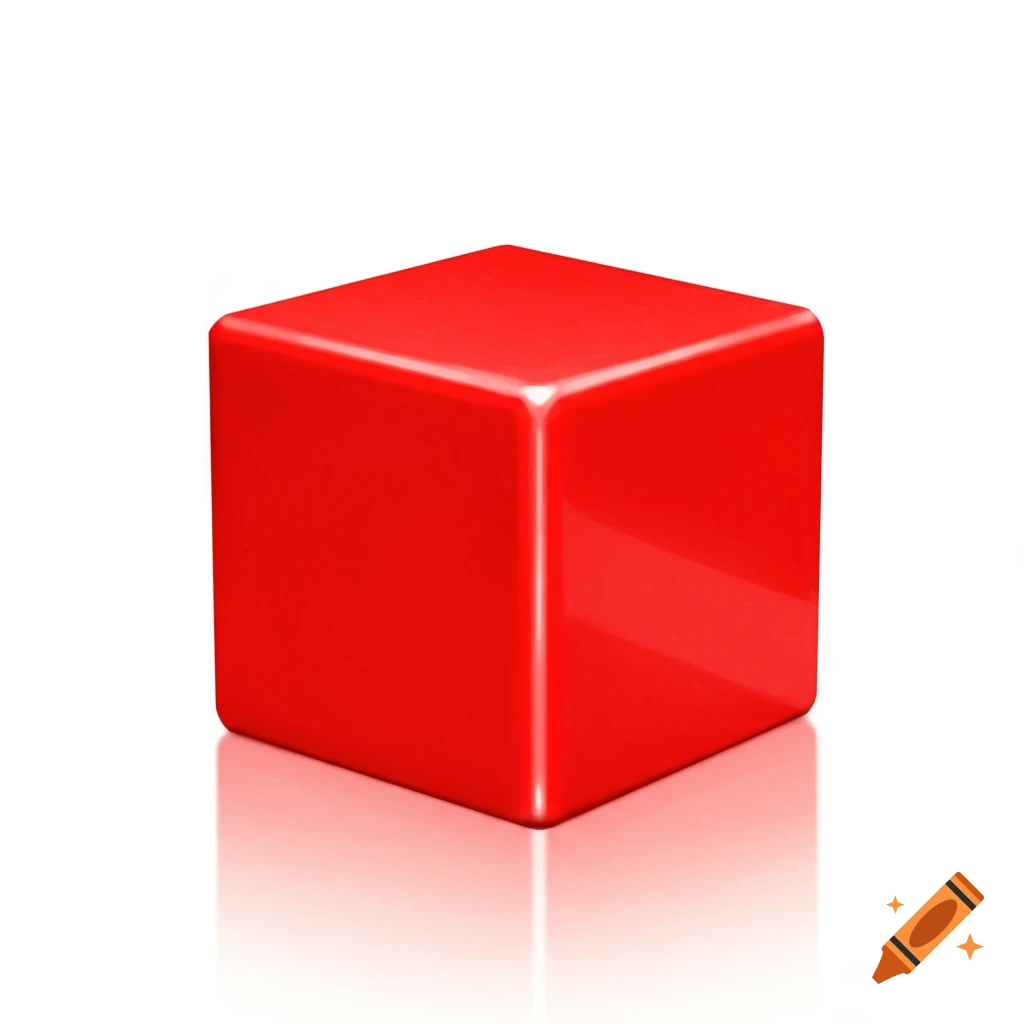 A glossy red cube with reflection on a white background.