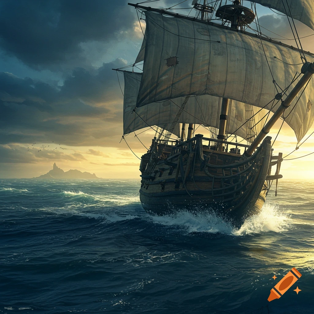 An old sailing ship on a rough ocean at sunset with a rocky island in the distance.