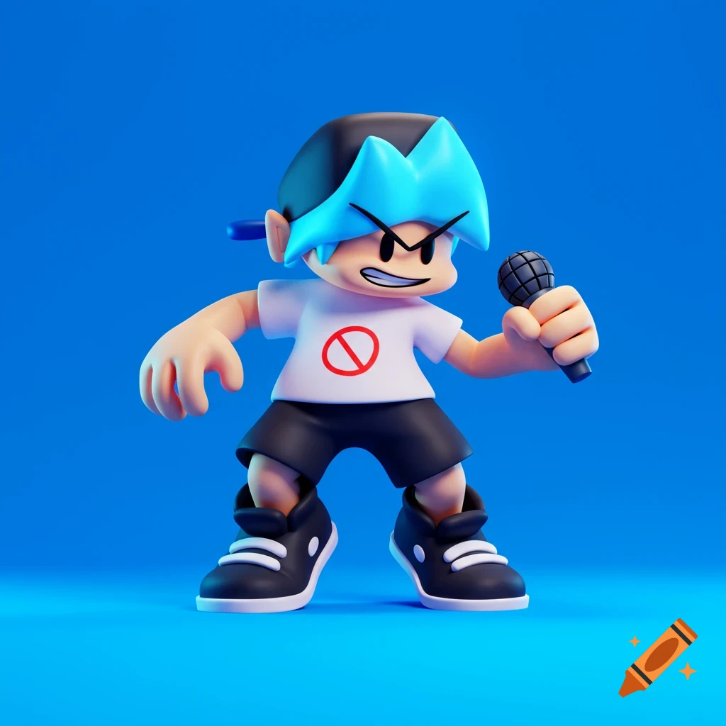 3D render of the character Boyfriend from Friday Night Funkin' holding a microphone against a blue background.