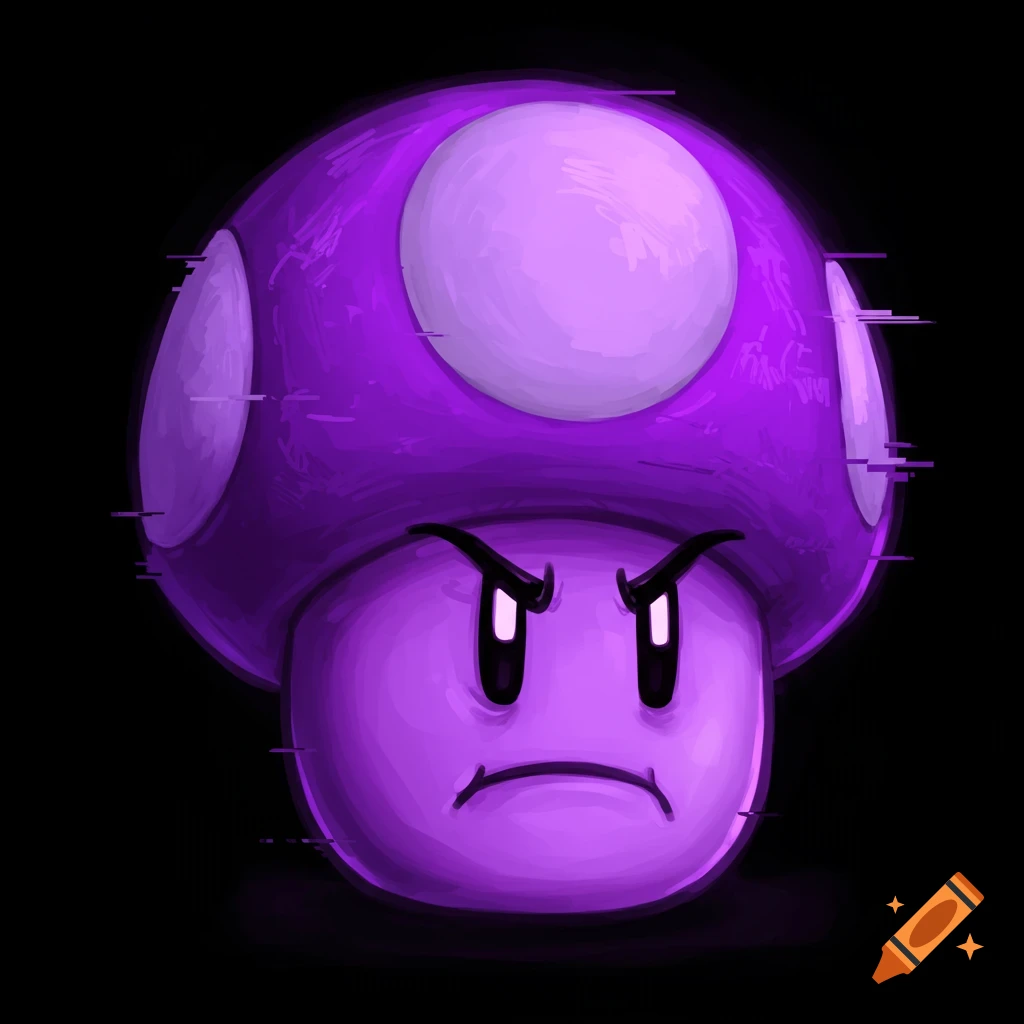 An angry purple mushroom character with glitch effects.