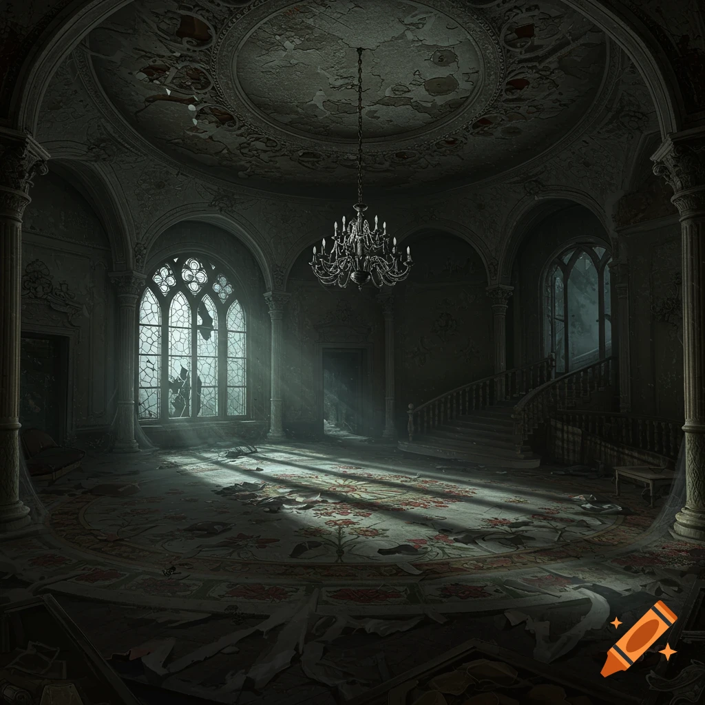 A decaying gothic mansion ballroom with sunlight filtering through broken windows.