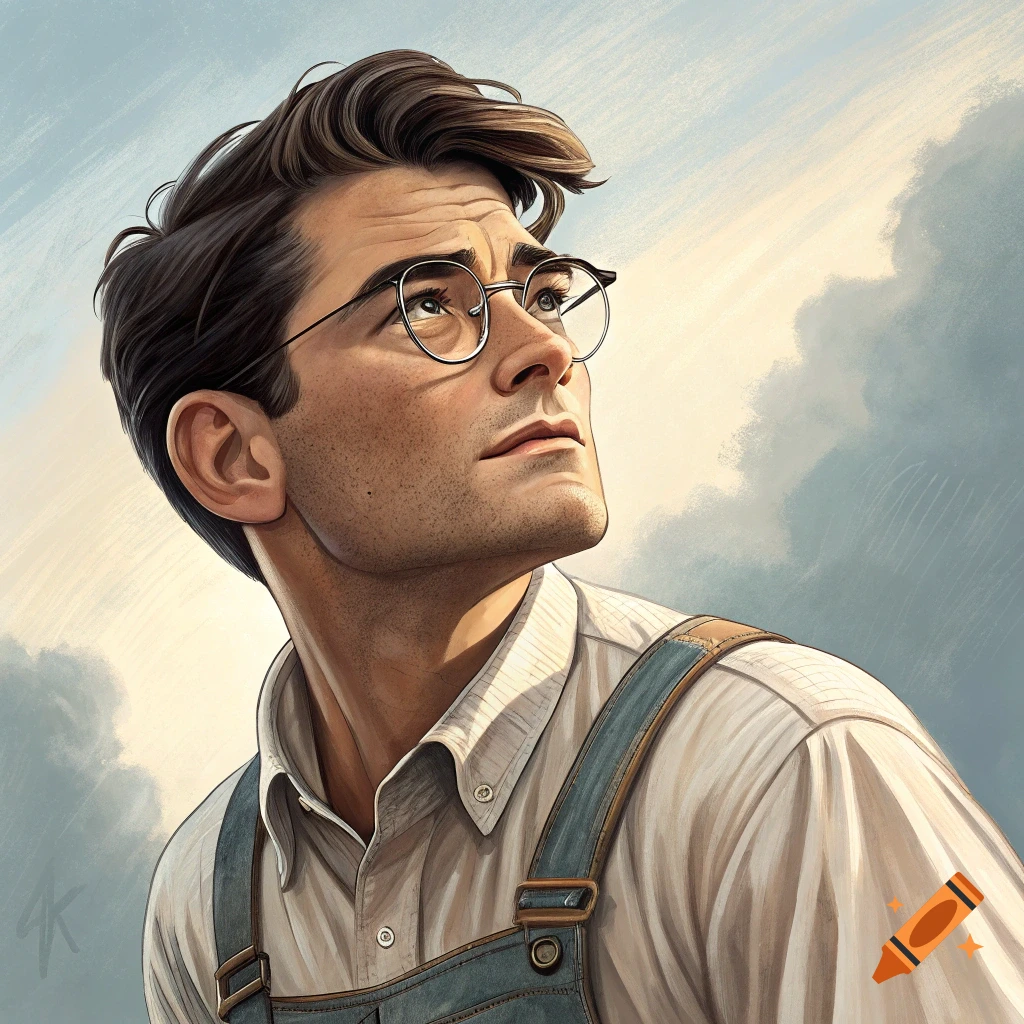 Illustration of a young man with glasses and overalls looking up at a cloudy sky.
