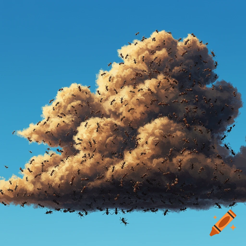 A cloud in the sky is made entirely of many ants.