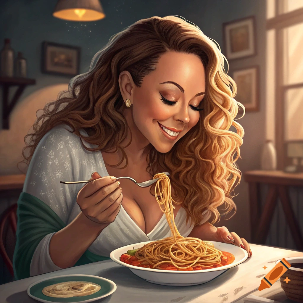 A woman with long wavy hair resembling Mariah Carey smiles while eating spaghetti.