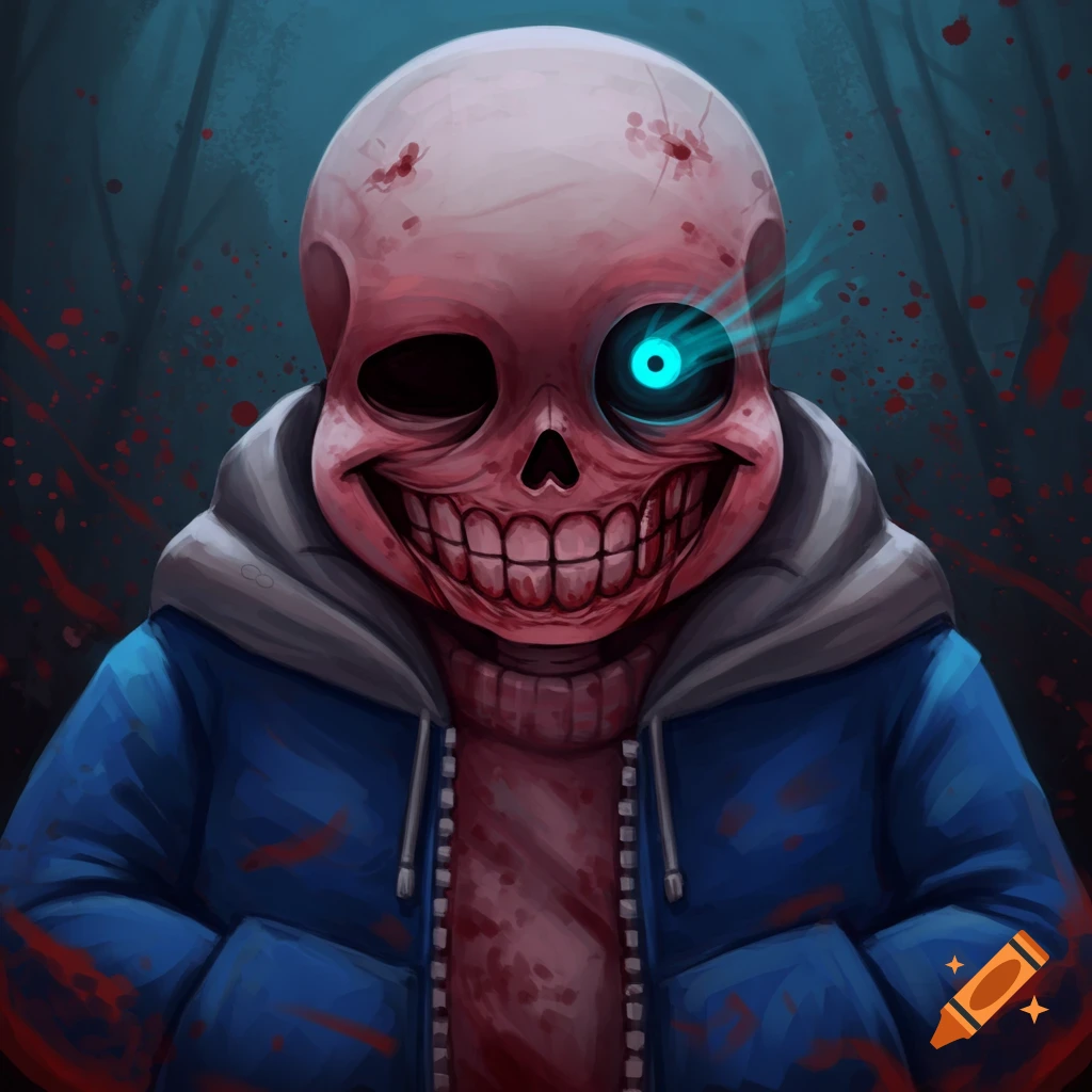 A depiction of a horror version of Sans from Undertale with a glowing eye and bloodstains.