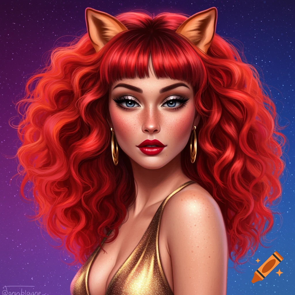A woman with vibrant red hair and fox ears is set against a starry purple and blue background.