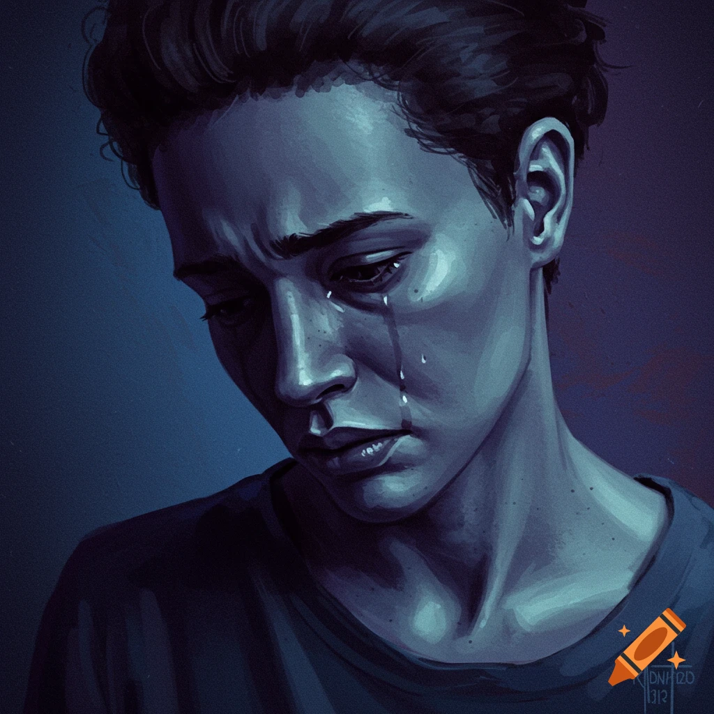 A young person with short dark hair crying, in blue tones.