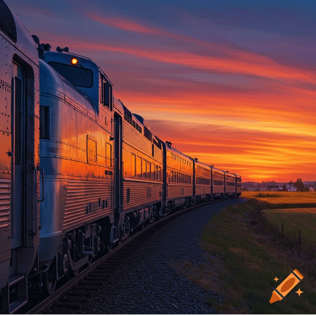 A silver train curving through a field at sunset with dramatic orange and purple sky.