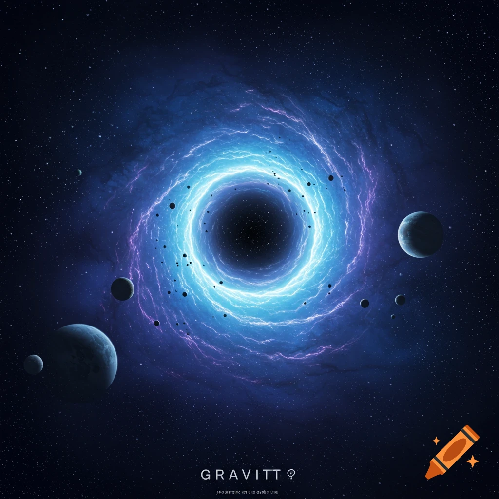 A glowing blue and purple energy swirling around a black hole, with planets and debris in space.