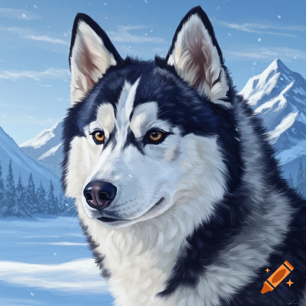 A husky dog in a snowy mountain landscape.