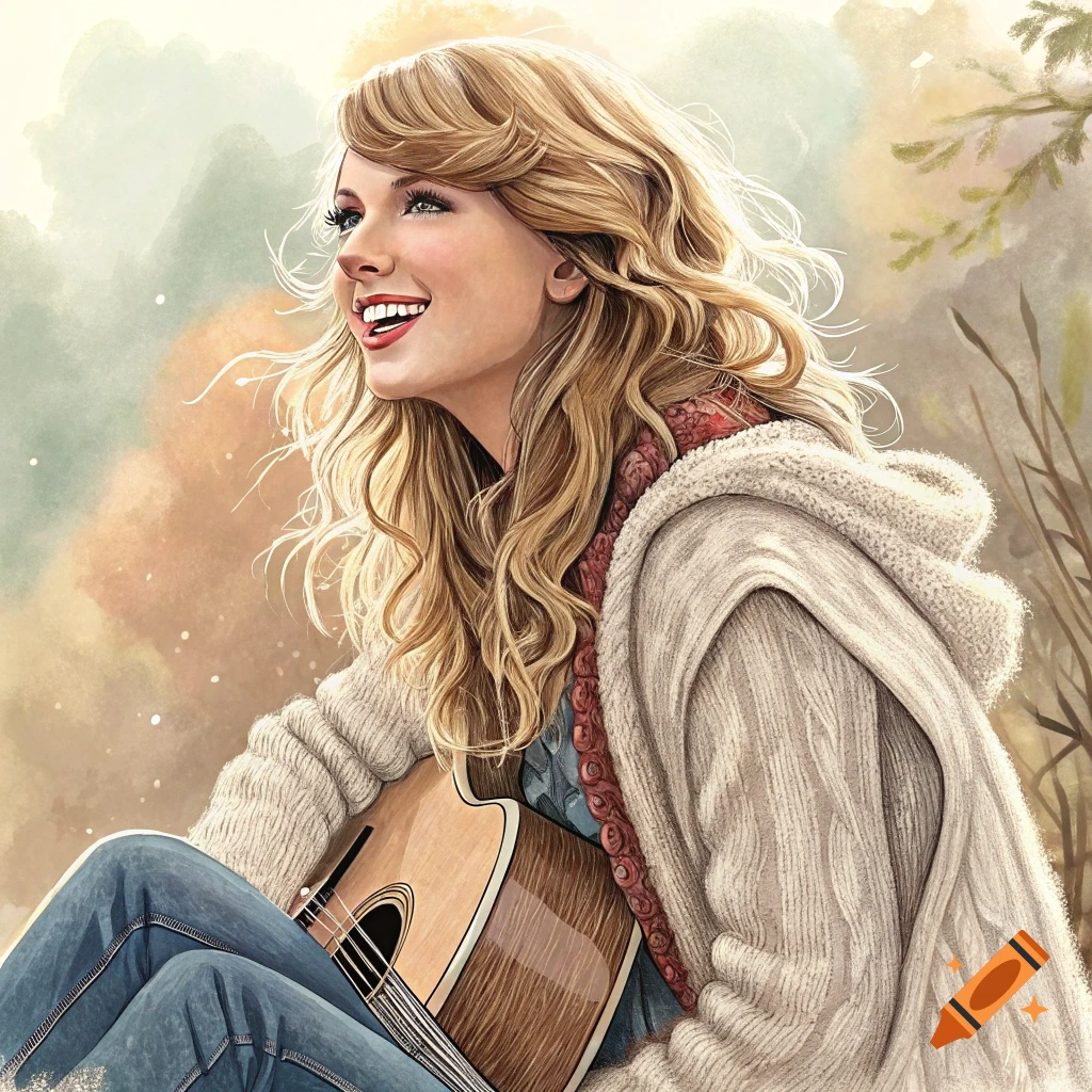 Taylor Swift holding a guitar outdoors in a watercolor illustration style.