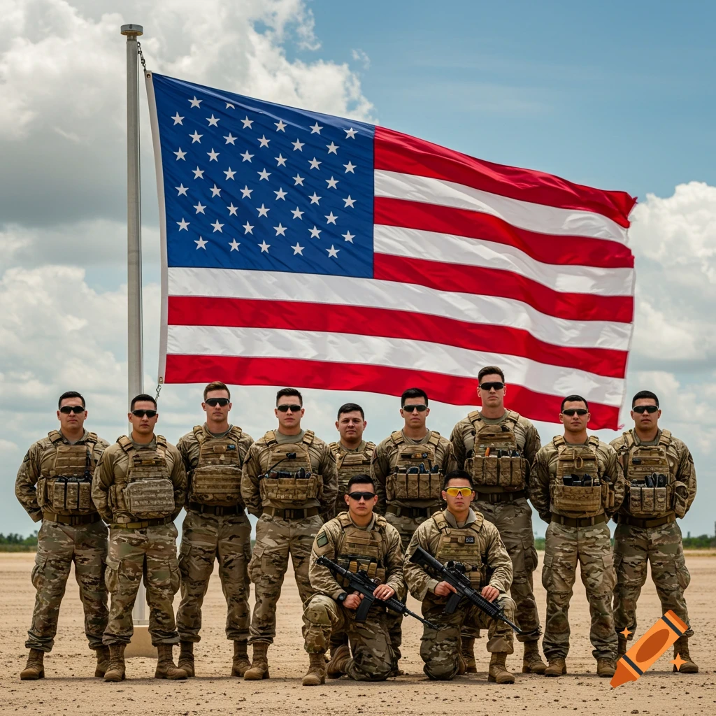 Several soldiers in camouflage uniform pose for a photo in front of a large American flag outdoors.