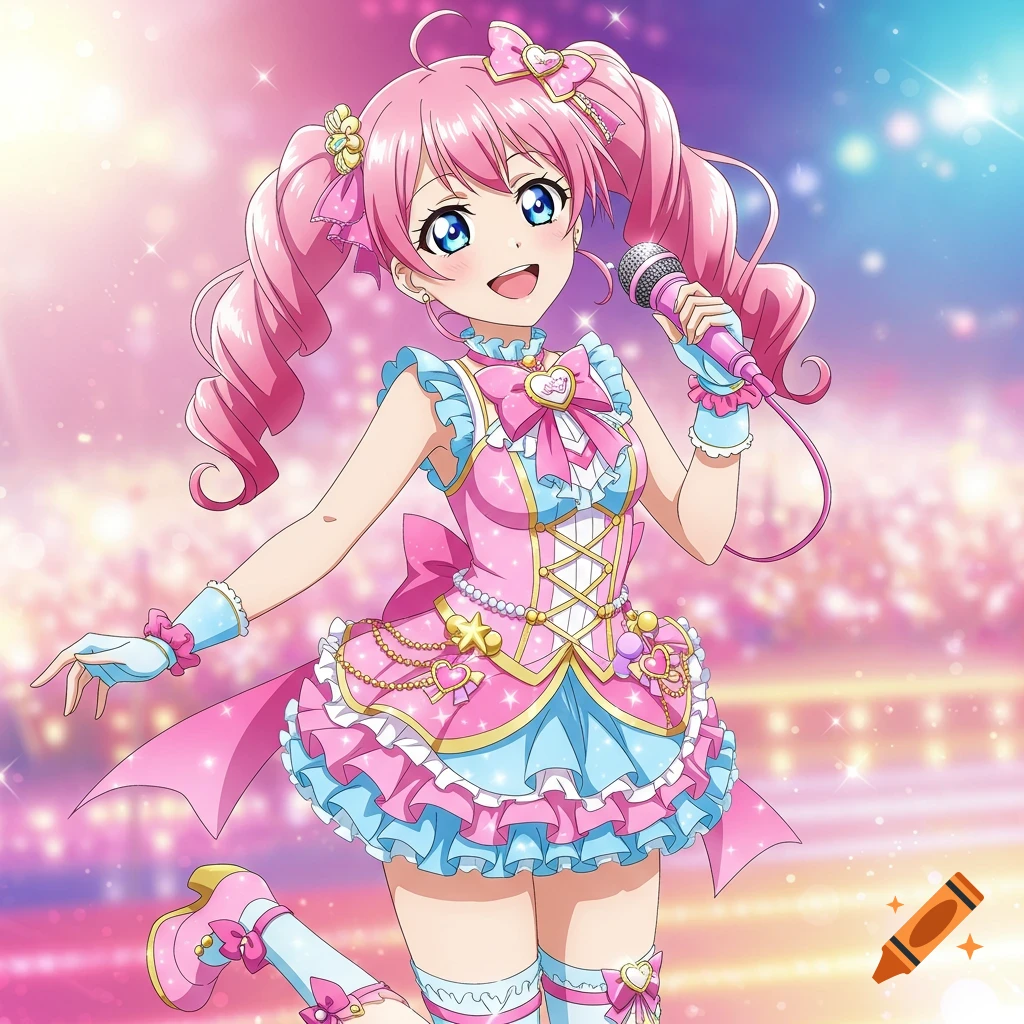 Anime girl with pink hair in pink and blue idol dress singing into a microphone on stage