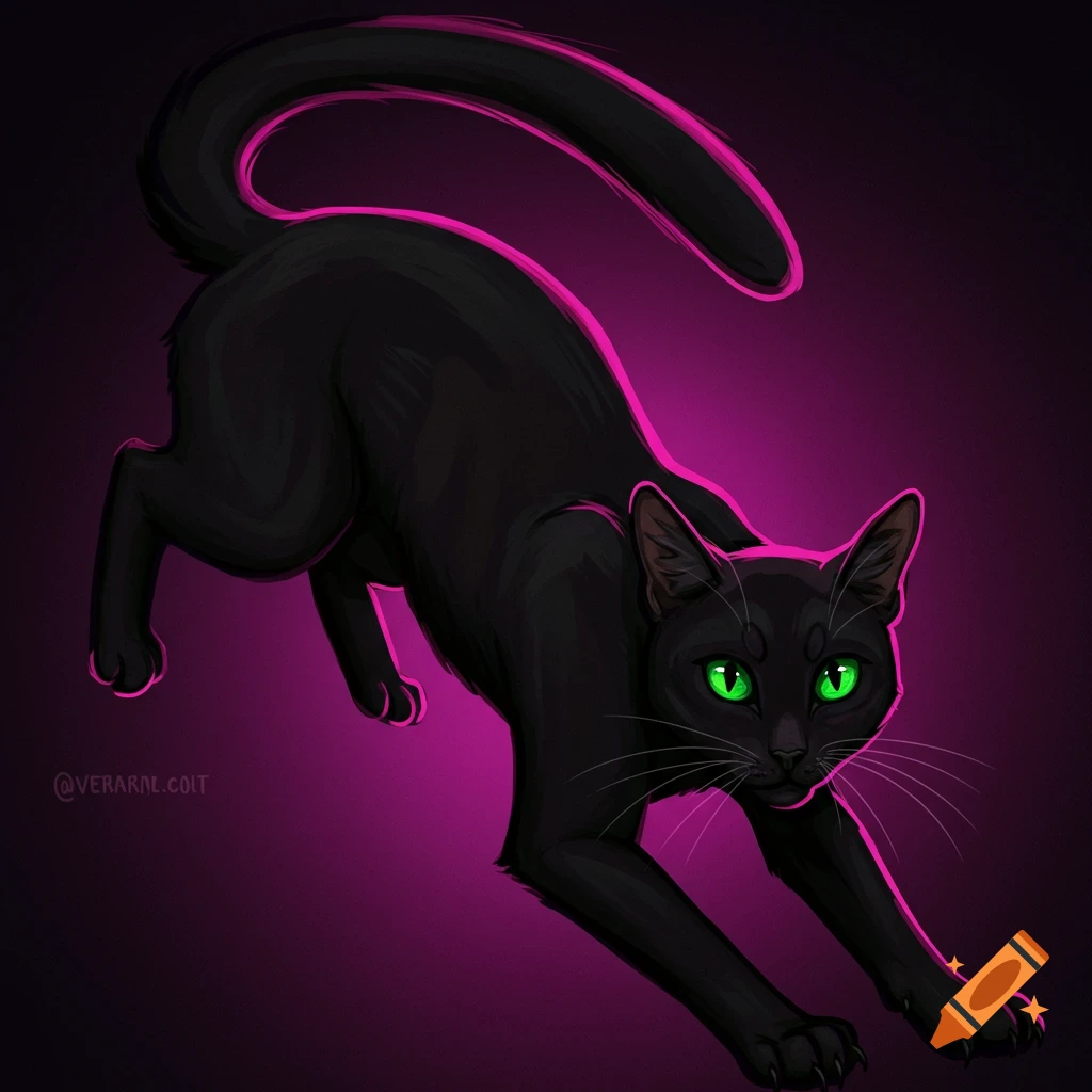 A black cat with green eyes crouched and outlined in pink light