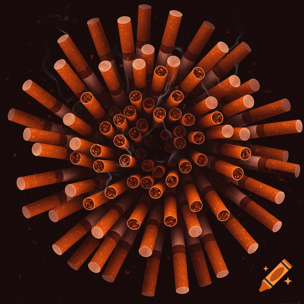 Many cigarettes fanned out in a spiral pattern from a top-down view against a dark background.